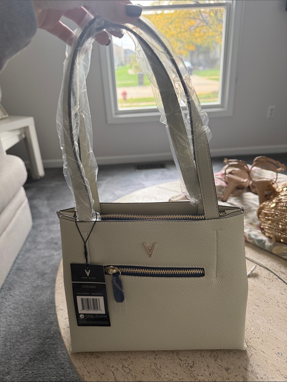 Vince Camuto Cream Pebble Tote with Front Zip Pocket